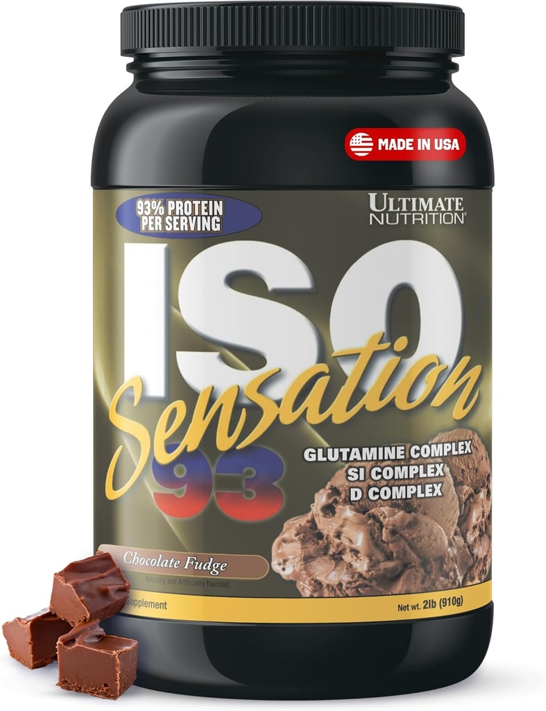 Ultimate Nutrition Wei Protein Isolaat Poeder met Glutamine Complex, ISO Sensation 93 - Wei Proteïne Poeder met Toegevoegd Colostrum voor verbeterd herstel, Immuniteit & Gut Health - Chocolade Fudge, 2lbs