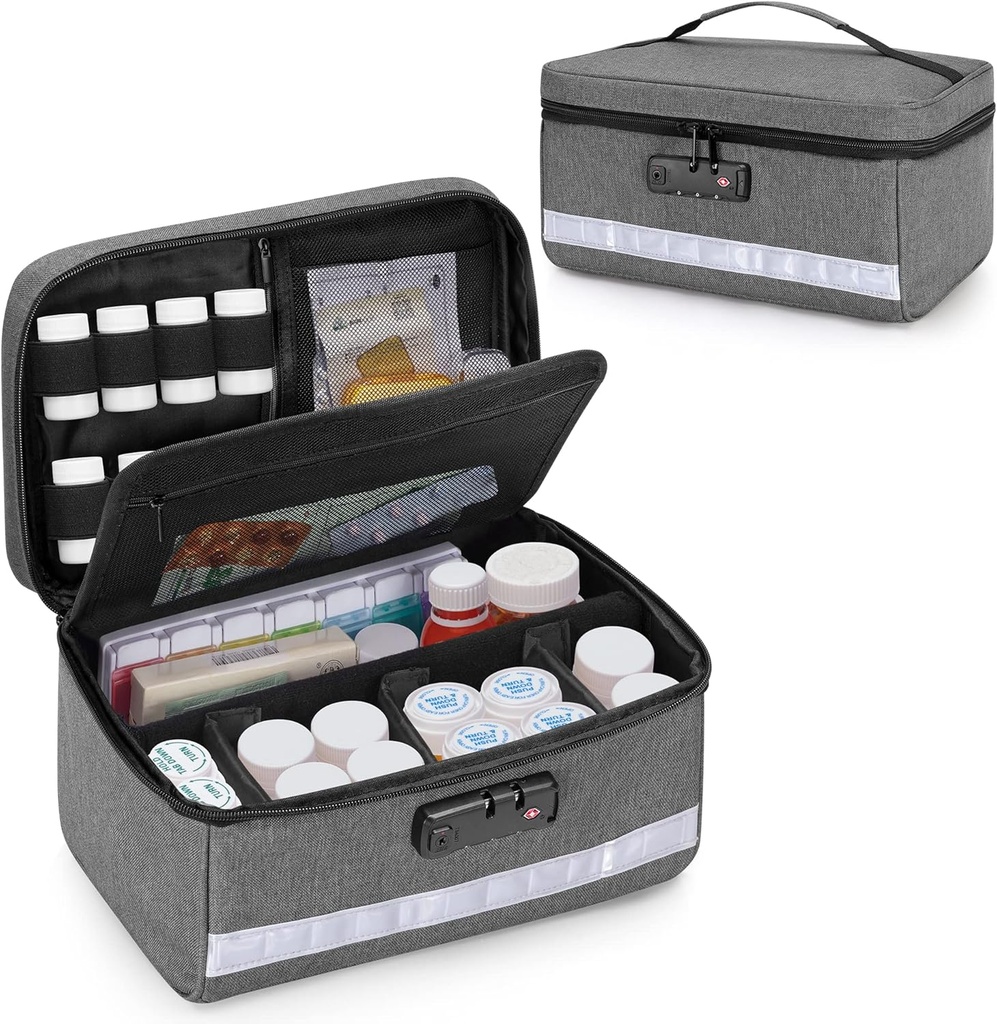 Damero Locking Pill Bottle Organizer met Inner Dividers, Medicine Opslag en Organisator Bag Combinatie Lock voor Geneeskunde, Vitaminen en Medical Supplies, Gray