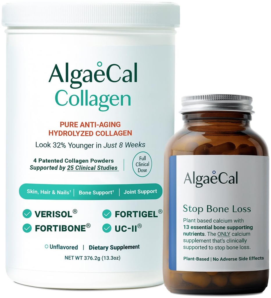 ALGAECAL Calcium & Collagen Bundle – Collagène hydrolysé complet avec Verisol, Fortibone & Fortigel cliniquement soutenu, plus 13 Bone support Minéraux et vitamine D3 pour la santé des os et anti-âge