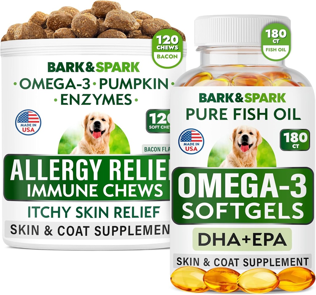 Allergie Relief + Omega 3 Bundel - Anti-Itch Skin&Coat Supplement + Huidallergie - Omega 3 Visolie + EPA& DHA Vetzuren - Jeuken&Paw Licking + Joint Health - 120 Kauwen + 180 Softgels - Made in USA