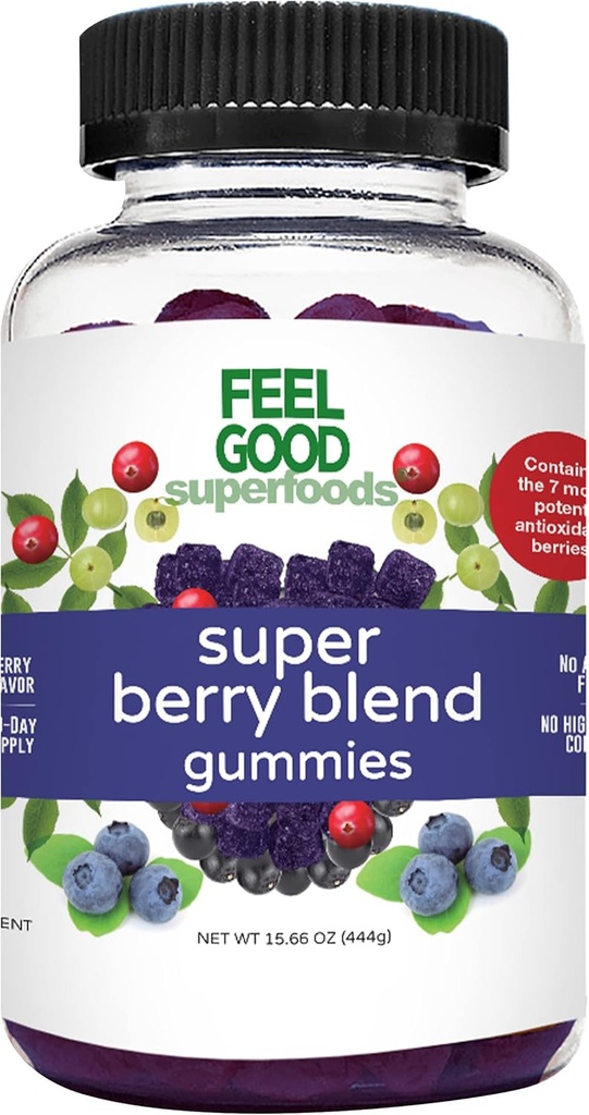 FeelGood Superfoods Super Berry Multivitamine Supplementen, Acai, Amla, Lingonberry, Maqui, Bilberry, en Aronia Berry Gummies, Berry Flavor, Vegan, Non-GMO, 60 Tellen