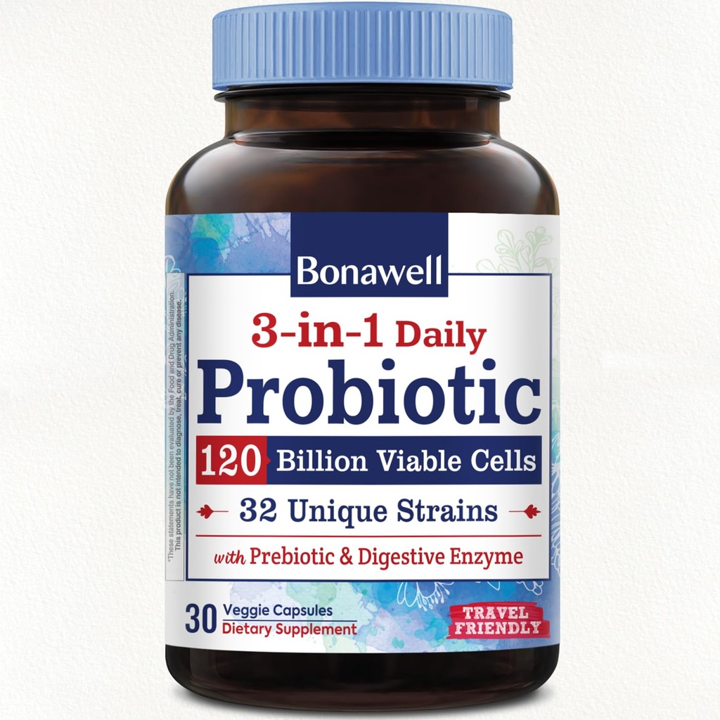 Bonawell Probiotica 120 Miljard CFU 32 Strains met Prebiotica, Digestieve Enzymen voor Gut Health, 3-in-1 Dagelijkse Probiotica, Shelf-Stable, Delayed-Release, 30 Veggie Caps