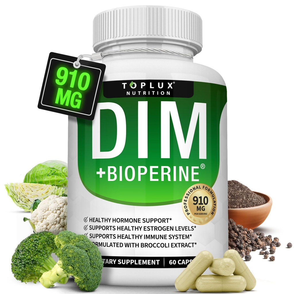 Dim Supplément 910 mg Plus Complexe BioPerine - Diindolylméthane pour soutenir l'équilibre hormonal et le métabolisme œstrogène, aide avec l'acné ménopause PCOS Bodybuilding de la peau, pour les hommes femmes, 60 Capsules