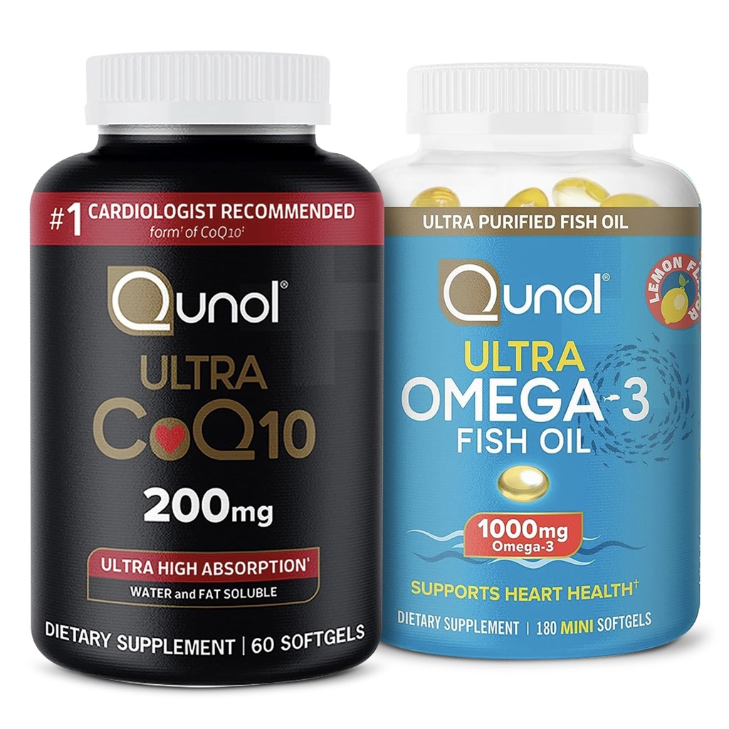 Qunol CoQ10 100mg Softgels, 3X Better Absorptie, 4 maand levering, 120 Tel + Visolie Omega 3 Mini Softgels, 1000mg Omega 3 EPA + DHA, 3 maand levering, 180 Tellen