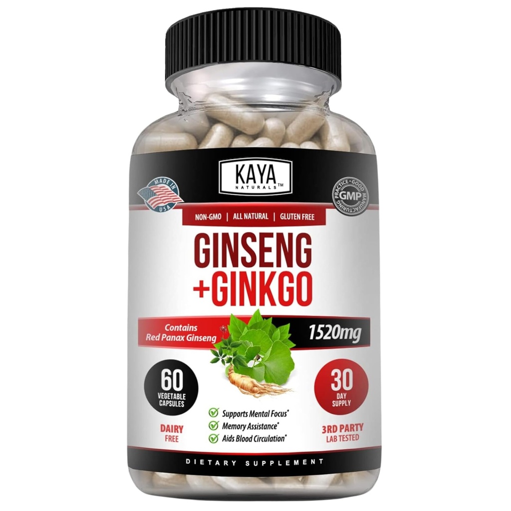 Kaya Naturals Panax Rouge Ginseng + Ginkgo Biloba - Supplément Cerveau Nootropique - Soutien Cognitif et Concentration - Supplément Cerveau Booster, Focus et Mémoire - 60 Capsules