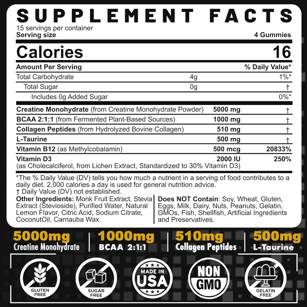 Mannen & vrouwen Creatine Monohydraat Gummies Complex, 6-in-1 Kauwbare Pre-Workout Creatine met BCAA, Collageen Peptiden, L-Taurine, 15 Servers, Natuurlijke Citroen Smaak - 60 Tellen (Pack of 1)