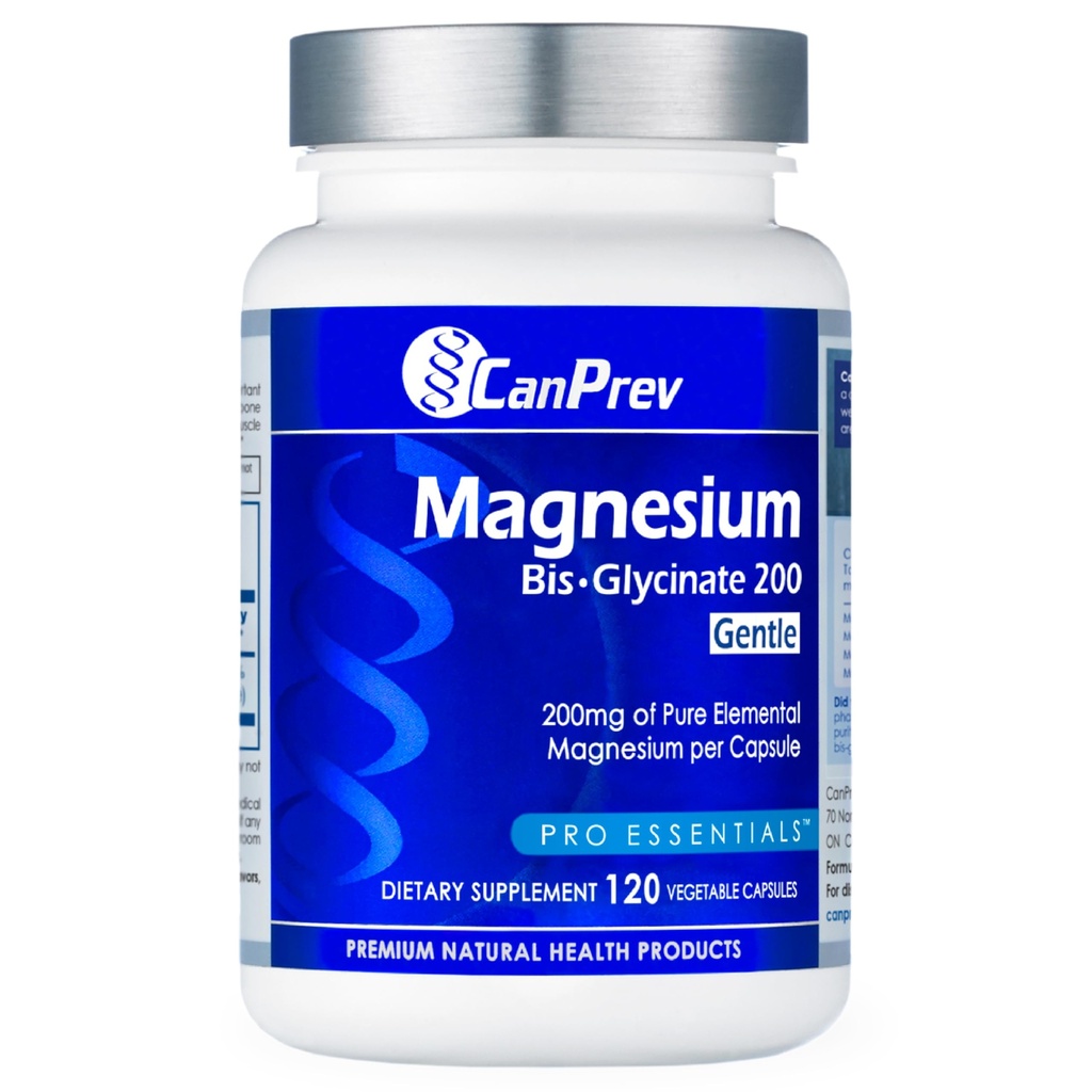 CanPrev Magnesium Bis-Glycinate Gentle 200mg, 120 V-Caps 120-Day Supply - Pure Elemental Magnesium Supplement, Ondersteunt bot en spierfunctie, zacht op maag, Perfect voor dagelijkse Magnesium behoeften