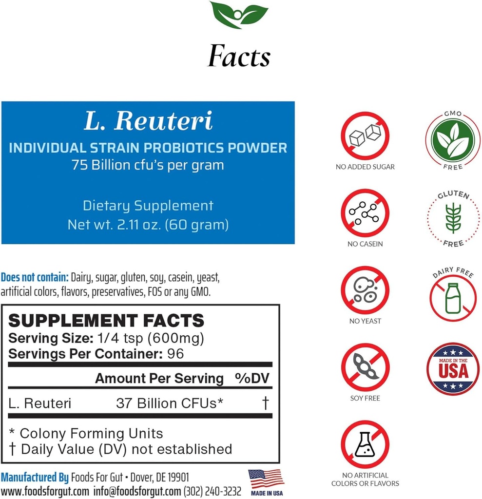Lactobacillus Reuteri Probiotic Powder 75 Miljard cfu's Made in USA 