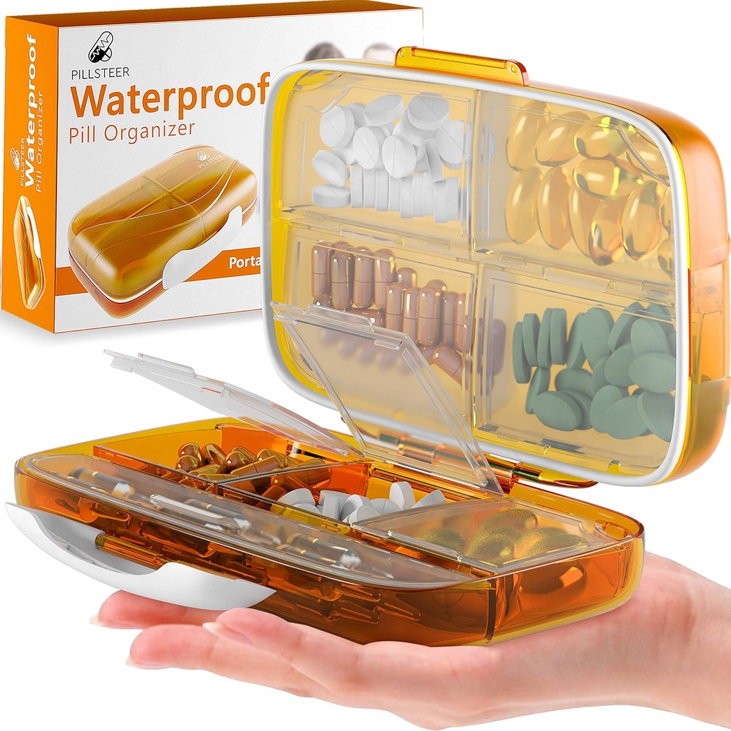 Distributeur de médicaments pour organisateur de pilules de voyage - Boîtes à pilules pour l'humidité et organisateur - Porte-conteneur de vitamine portable - 8 grands compartiments pour médicaments et suppléments