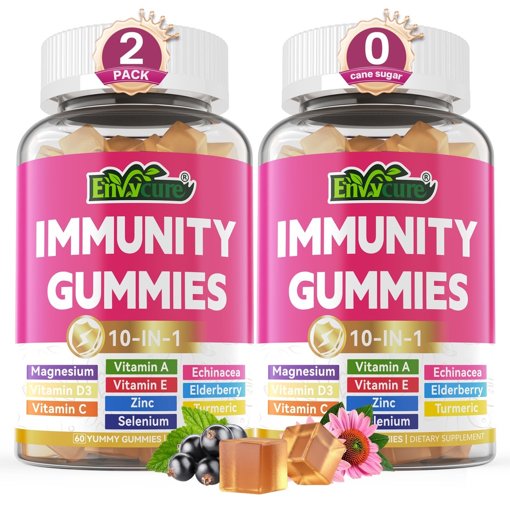 10 en 1 Supplément de soutien immunitaire Gommies, w/Echinacea, Vitamine C et zinc Elderberry, Sélénium, Vitamine D3 5000IU, Magnésium, Booster Imune quotidien multivitamine, pour l'énergie osseuse antioxydante, 2 Pack