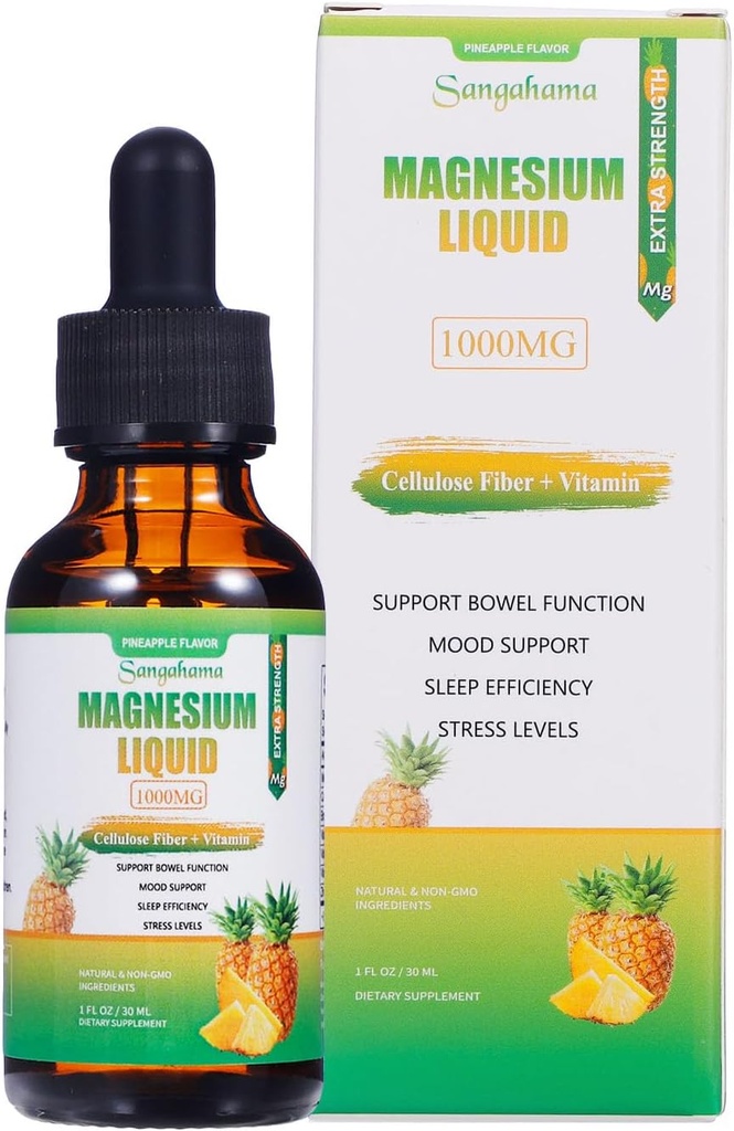 Magnesium Glycinate Liquid Drops, 1000mg Magnesium Liquid Supplement met Cellulose Fiber, Bromelaine, Vitamine B6, C, D, Zink, Non-GMO, Ananas smaak(1fl oz)