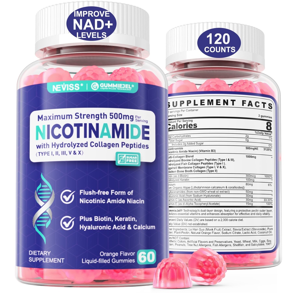 2 Pack - Nicotinamide 500mg Gummies, NAD+ Supplement for Women & Men w/ Collagen Peptides, (Flush Free Niacin) Vitamine B3 Niacinamide for Anti-Aging, NAD+ Niveaus, levensduur, focus & hersenen, suikervrij