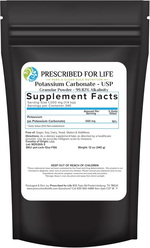 Voorgeschreven voor Life Kalium Carbonaat Poeder, Natuurlijke USP Food Grade Potash voor planten, Zeep, Supplementen, & Meer, Pure Bulk Kalium Poeder (12oz / 340g)