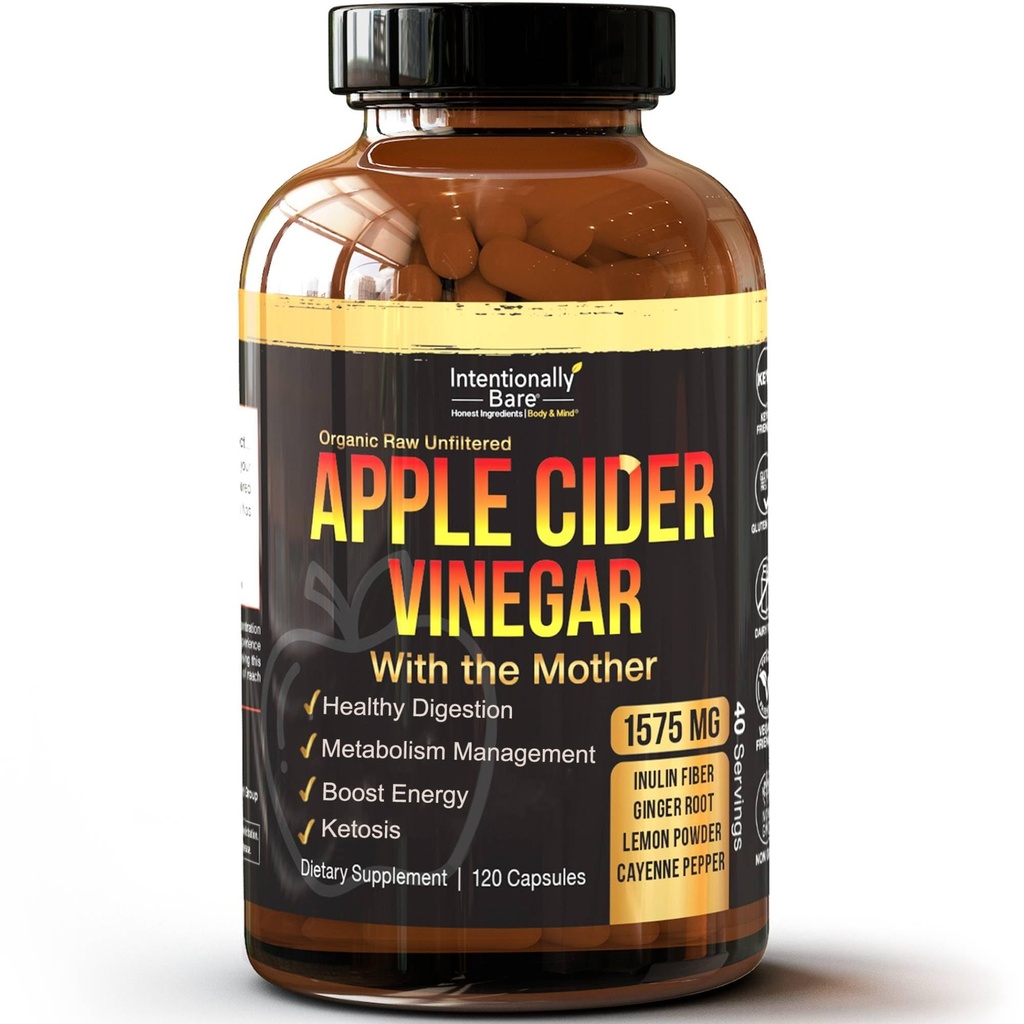 Opzettelijk Bare Apple Cider Vinegar met Moeder Capsules - ACV Capsules met Gember, Lemon, Cayenne en Inulin - Keto vriendelijk en glutenvrij voor energie, immuniteit en Gut Health - 120 Capsules