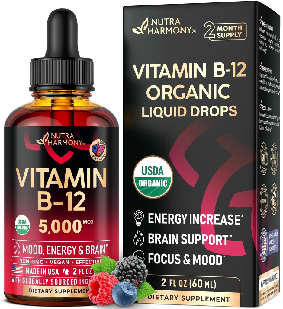 USDA Biologische Vitamine B12 Sublingual Drops - 5000 mcg Liquid Vegan Methylcobalamine for Women & Men - Energy Boost, Focus & Mood, Brain Health Support - Maximize Absorptie - 2 maand supply, 2 fl oz