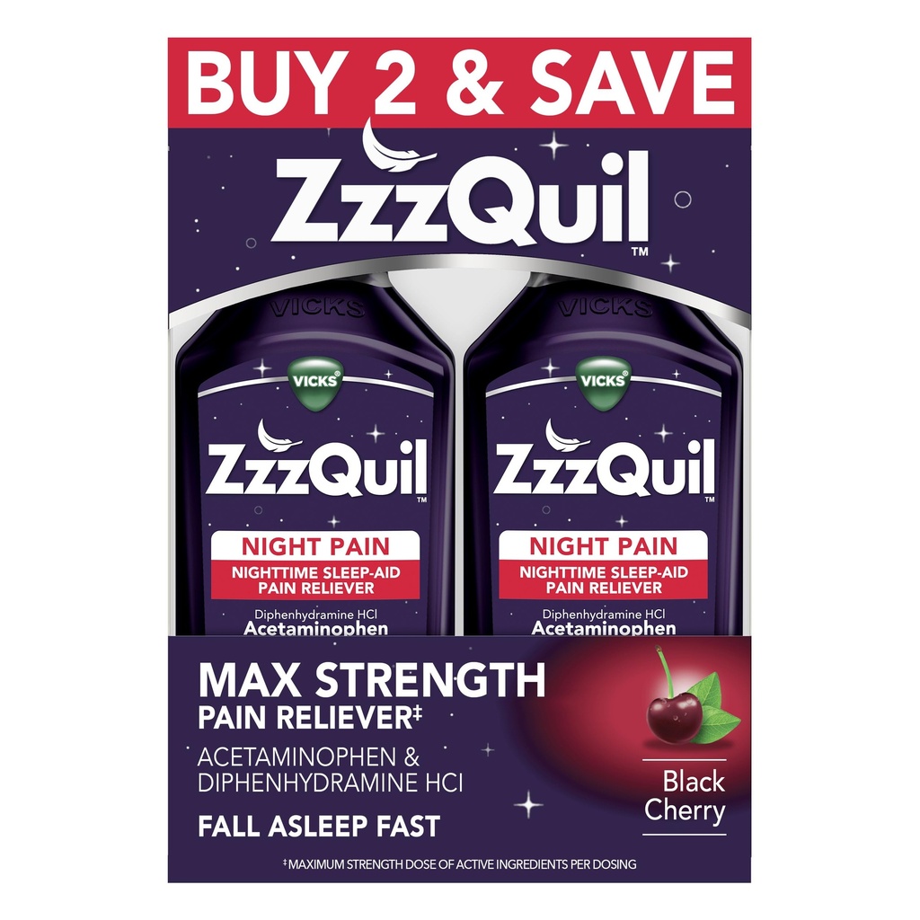 ZzzQuil Liquid Max Strength Pain Reliever, Nighttime Slaaphulp Liquid, Acetaminophen 1000mg, Difenhydramine 50mg HCI, Non-Habit vormen, Black Cherry Flavored, 2 Pack, 24 FL OZ
