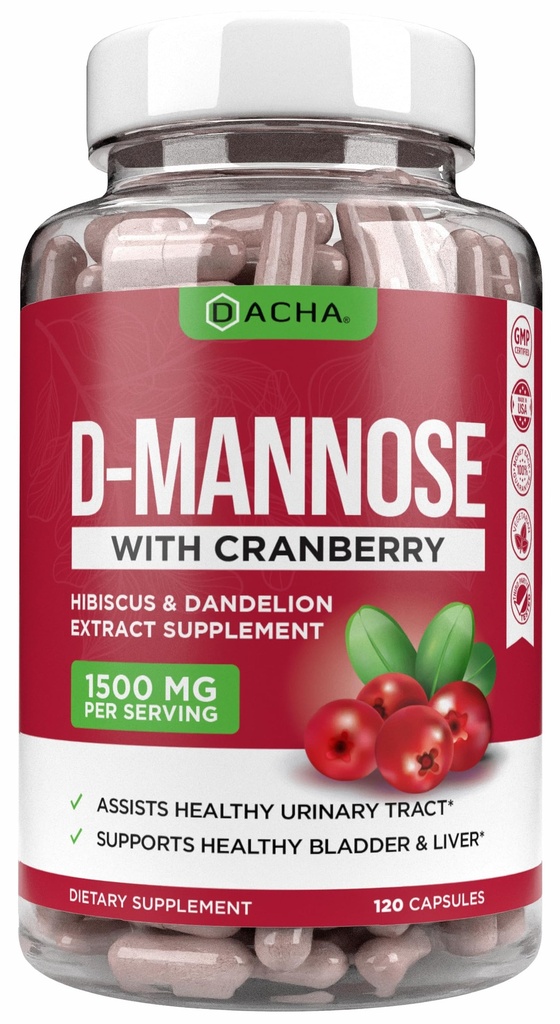 Gélules naturelles de D-Mannose 4-en-1 Formule - 120 CAPS, 1500 MG Cranberry, Dandelion, Extrait de fleurs d'Hibiscus, pilules pour soutenir la santé de la peau et du trac urinaire