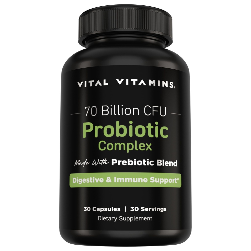 Vitamines vitales Complexe probiotique pour les hommes et les femmes - 70 Million CFU - Fabriqué avec un mélange prébiotique - Soutien digestif, gustatif et immunitaire - Puissant mélange de 10 souches - 30 capsules
