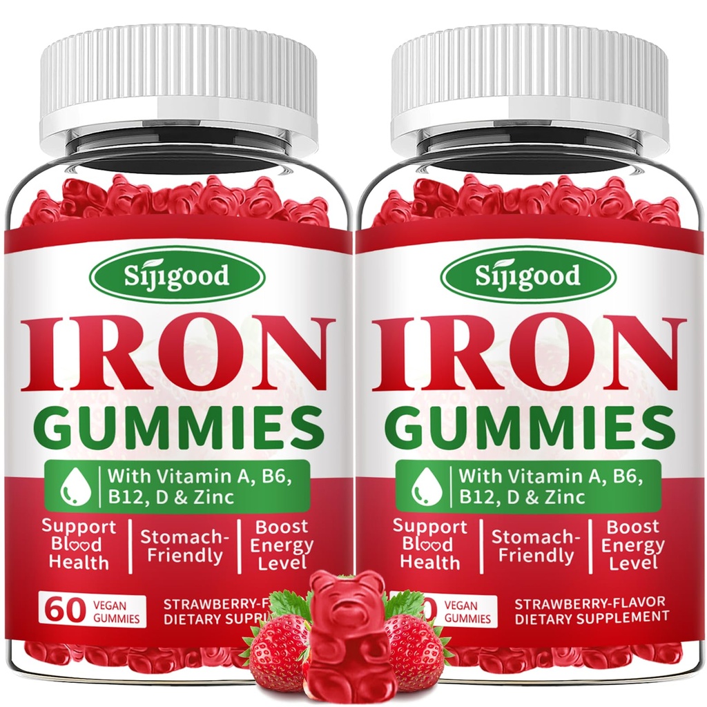 Gommies de fer 2 Pack pour les femmes et les hommes - supplément de fer végétalien pour l'anémie et le déficit en fer, avec vitamine B12, vitamine C, zinc, folate - stimuler l'énergie, sans sucre, saveur de fraise, 120 comte