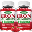 Gommies de fer 2 Pack pour les femmes et les hommes - supplément de fer végétalien pour l'anémie et le déficit en fer, avec vitamine B12, vitamine C, zinc, folate - stimuler l'énergie, sans sucre, saveur de fraise, 120 comte