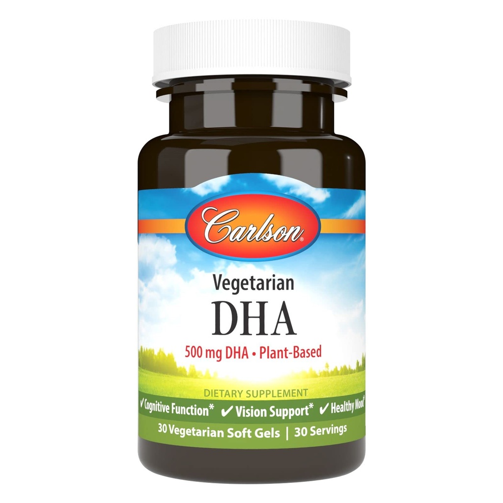 Carlson - Vegetarian DHA, 500 mg DHA, Plant Based, Duurzaam Bron van Algen, Hersenondersteuning, Mood Health, 30 Softgels