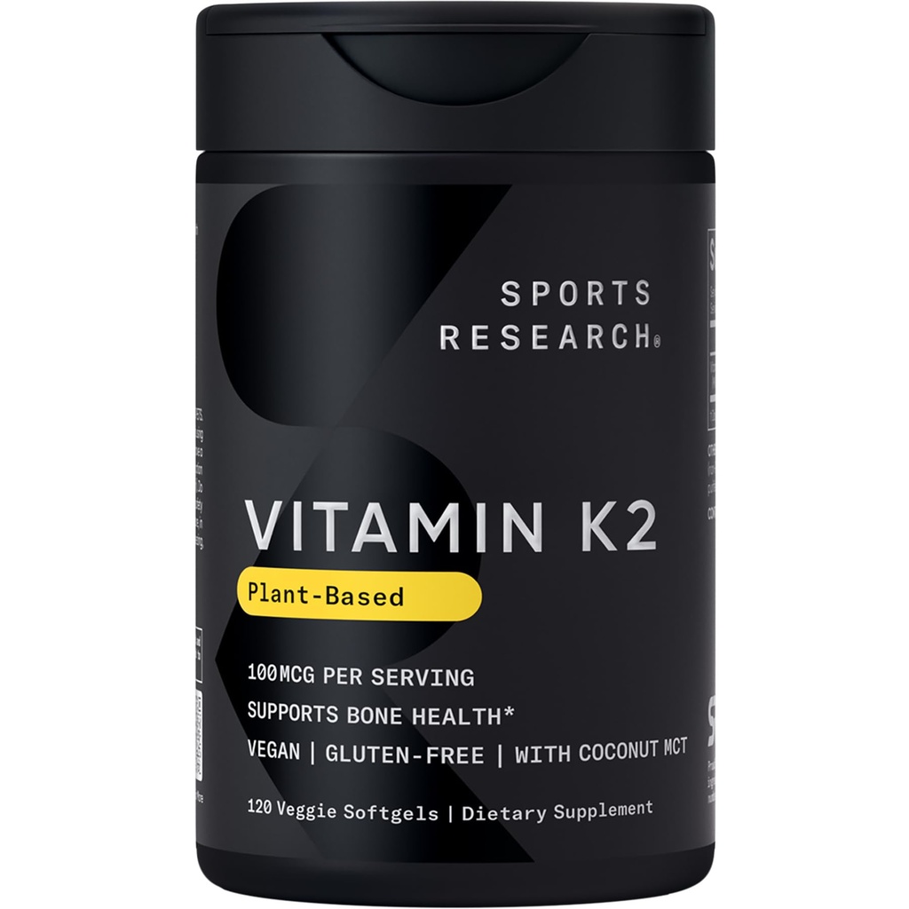 Sportonderzoek Vitamine K2 als MK-7 100mcg met kokosolie MCT - 120 Veggie Softgels (4 maanden voorraad) veganistisch gecertificeerd, niet-GMO geverifieerd, glutenvrij en sojavrij