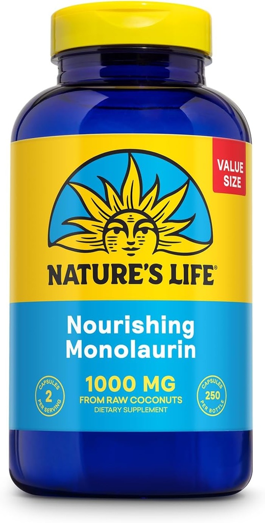 Nature's Life Monolaurin 1000 mg, voedende monolaurin van natuurlijke rauwe kokosnoot, Immune Support Supplement, Gut Health, Balanced Gut Flora, 60-dagen garantie, 125 porties, 250 Vegetarische Capsules