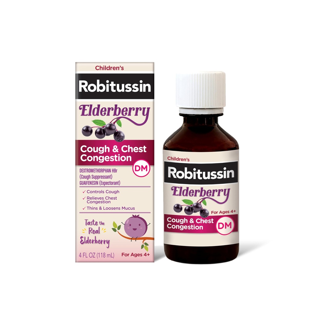Robitussine Longerberry Toux + Congestion thoracique DM Médecine de la toux pour enfants, soulagement de la congestion thoracique et sirop de toux - 4 Fl Oz