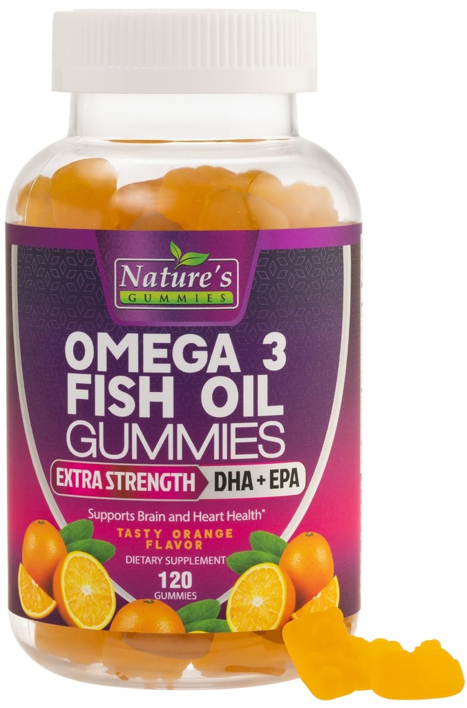 Omega 3 Fish Oil Gummies, Hart Gezonde Omega 3 Gummy Supplement met hoge absorptie DHA & EPA, Extra sterkte Joint & Hersen Ondersteuning, Heerlijke Oranje Smaak Visolie Natuur Vitamine - 120 Gummies