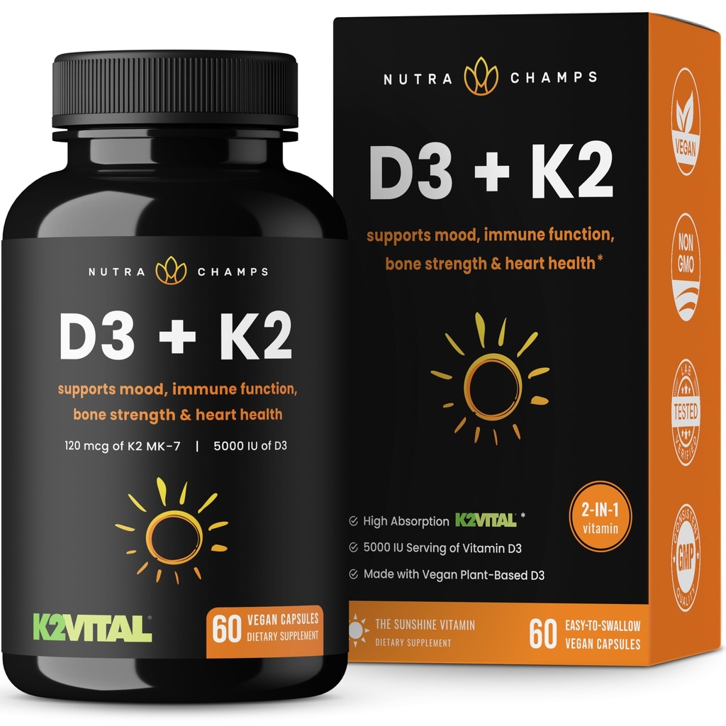 NutraChamps D3 met K2 MK7 Supplement voor de gezondheid van het hart en de botten Vitamin D & K Complex 