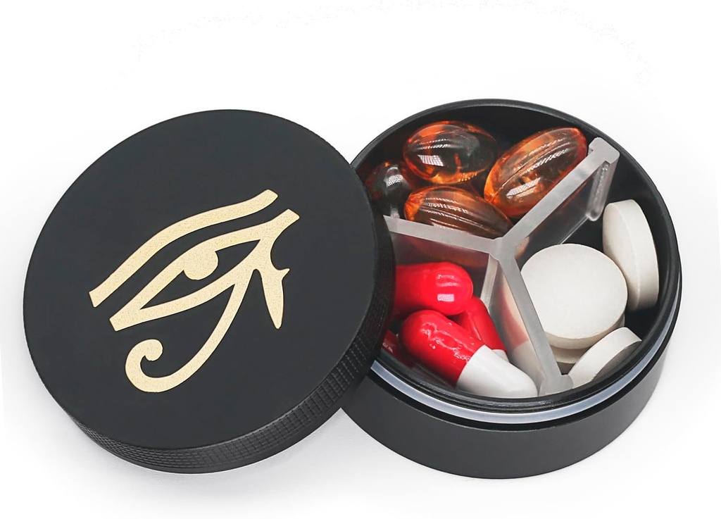 Kleine pil Case 3 Compartments, metalen ronde draagbare pil Box, waterdichte reis pil Organizer, Pocket Purse Medicine Vitamine houder EDC Container (zwart met oog)