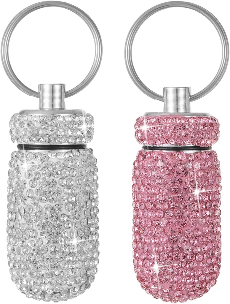 Bling pil geval Portable Travel pil container fles Rhinestone waterdichte kleine pil houder met sleutelhanger leuke Mini pil opslag doos voor Outdoor Camping (White Pink)