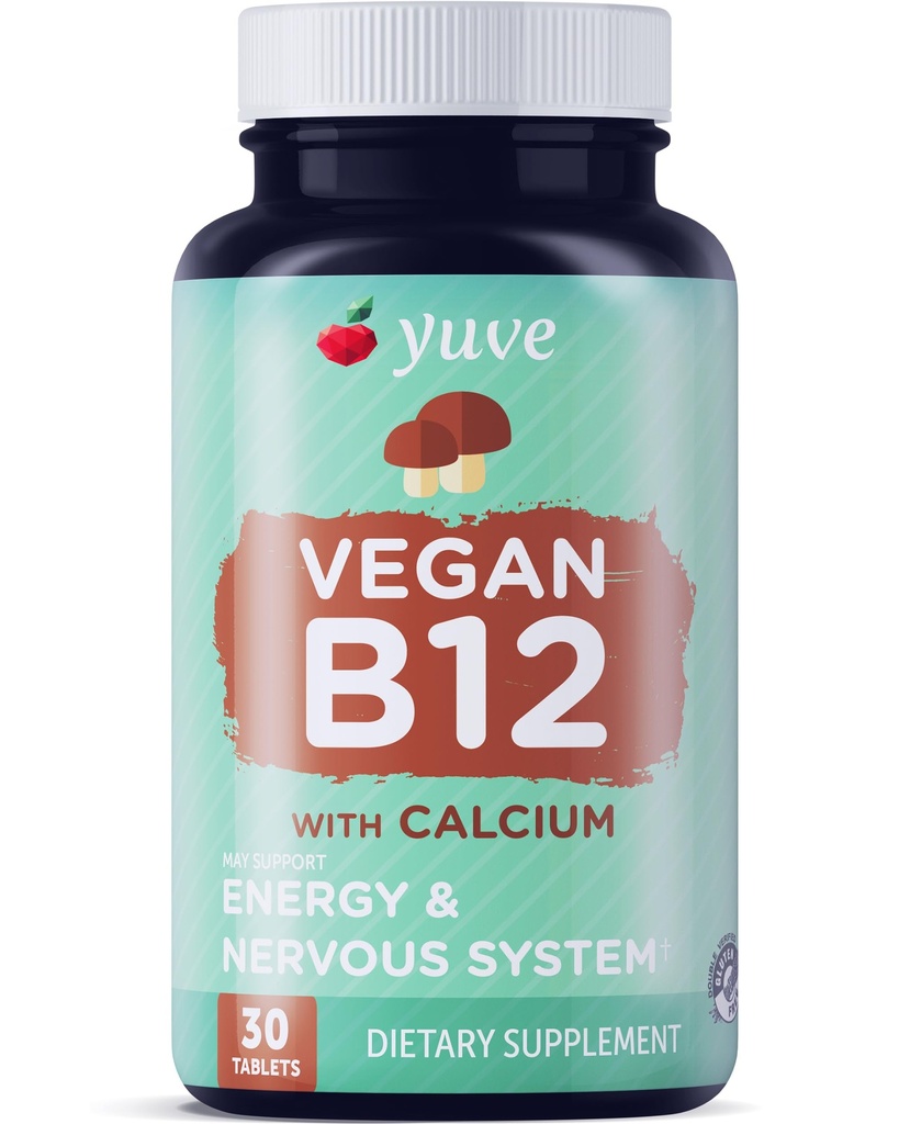 Yuve Vegan B12 met calcium voor maximale absorptie - Actieve energie en ondersteuning van het centrale zenuwstelsel - 1000 mcg Cobalamine vitamine B 12 - Natuurlijke, niet-GMO, glutenvrije, suikervrije - 30 tabbladen