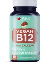 Yuve Vegan B12 avec du calcium pour une absorption maximale - Énergie active et système nerveux central support - 1000mcg Cobalamine vitamine B 12 - naturel, non-OGM, sans gluten, sans sucre - 30 onglets