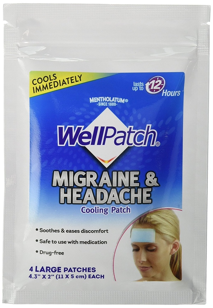 WellPatch Migraine & Hoofdpijn koeling Patch - Drug gratis, duurt tot 12 uur, veilig te gebruiken met medicatie - grote patches (4 grote patches), elke 4,3 x 2 in