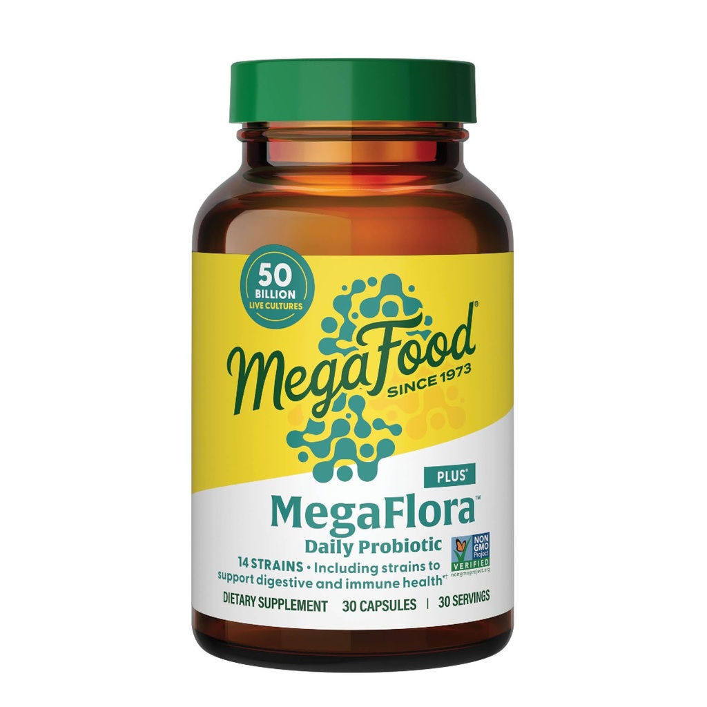 MegaFood MegaFlora Probiotic Plus - Probiotiques pour les femmes et les hommes santé digestive- 50 milliards CFU et 14 souches - Supplément de soutien immunitaire - Végétarien - 30 capsules