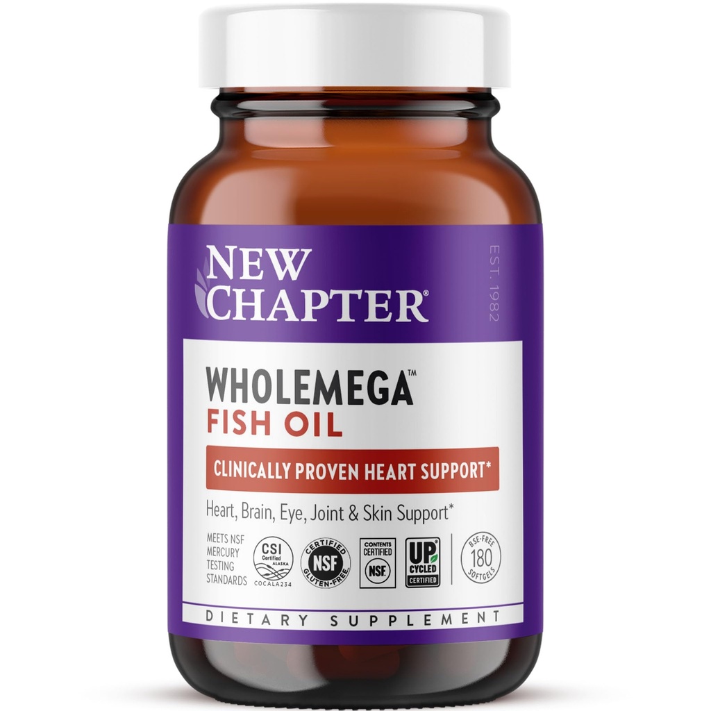 Nouveau chapitre Supplément d'huile de poisson Wholemega - 2000mg par portion, Huile de saumon sauvage d'Alaska éprouvée cliniquement avec Oméga-3 + Vitamine D3 + Astaxanthine, 180 Softgels