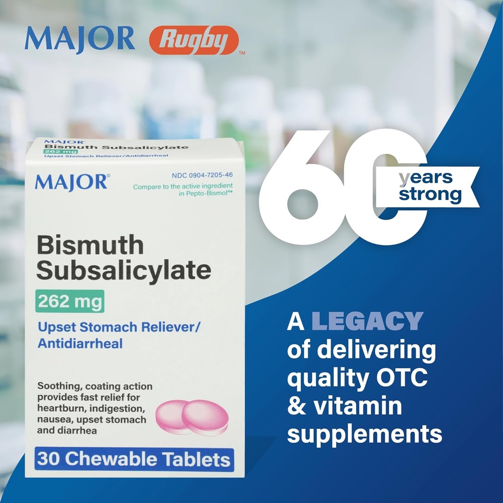 MAJOR Bismut Subsalicyl 262mg Kauwtabletten - Biedt brandend maagzuur, indigestie, misselijkheid, diarree, en verstoorde maag Relief - Antidiarree - 30 Kauwtabletten