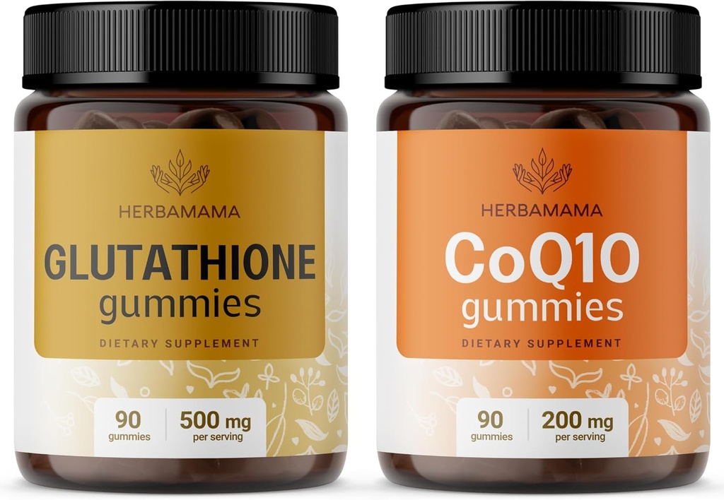 HERBAMAMA Glutathion en CoQ10 Kit - bundel van 500 mg gereduceerd L-glutathion en 200 mg CoQ10 Gummies - Vegan, Non-GMO, Gelatine-Free - 2 Pack