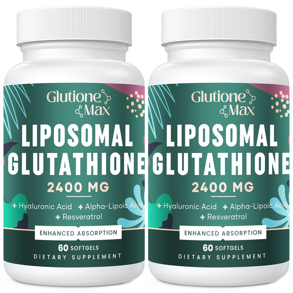 8-en-1 Glutathion liposomique 2400 MG, formule antioxydante à absorption élevée – avec acide hyaluronique, acide alpha-lipoïque, resvératrol - peau, détox hépatique et système immunitaire, 120 softgels