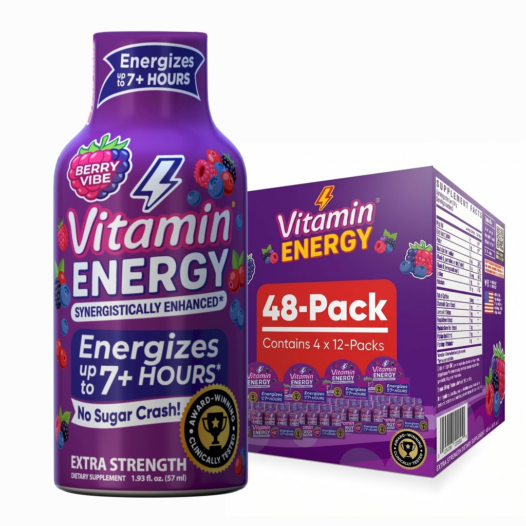 Vitamine Energy Mood+ Extra Strength Energy Shot Tropical Berry 48 Pack, 260mg Caféine naturelle, B-Vitamines, Rhodiola, Camomille, Mood & Energy Support, Zéro Sucre, Sans gluten, Vegan, 1.93 fl oz