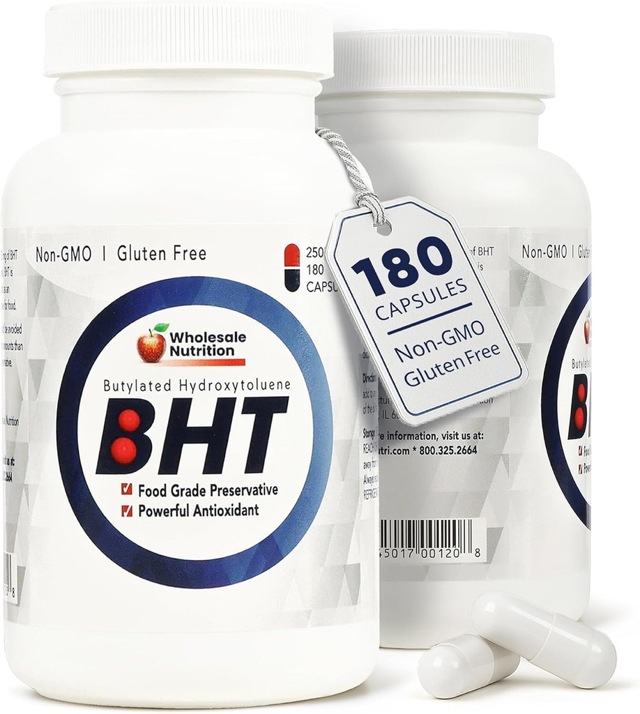 Groothandel Voeding BHT Supplement Capsules - 250mg Krachtig Antioxidant - Non-GMO, Glutenvrije - Verbeter olie / Fat conservering - Pure Butylated Hydroxytolueen voor voedsel / olie - 180 Capsules