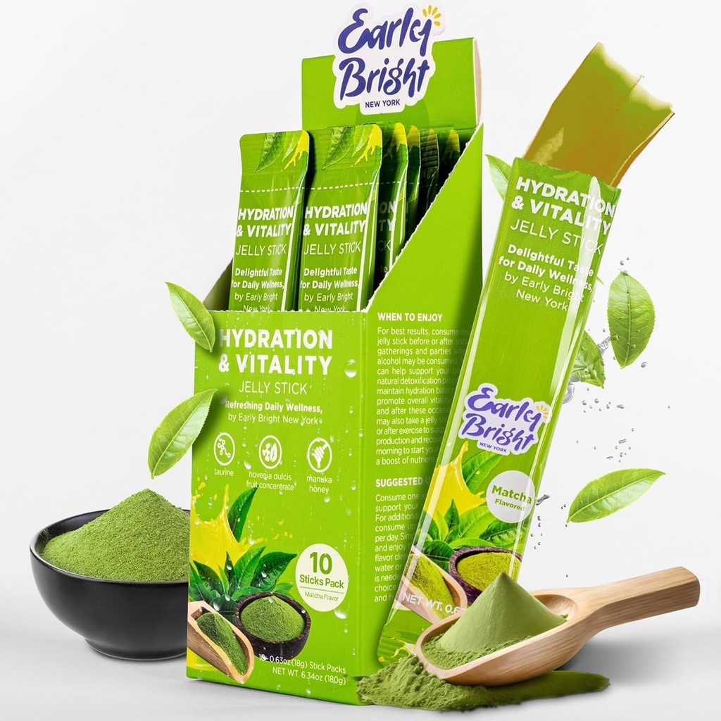 Jelly Sticks - Matcha-gearomatiseerd voor betere ochtend na het drinken, leverondersteuning en vitaliteit met Taurine & DHM, Voel je vernieuwd en energiek, 18gX10ea