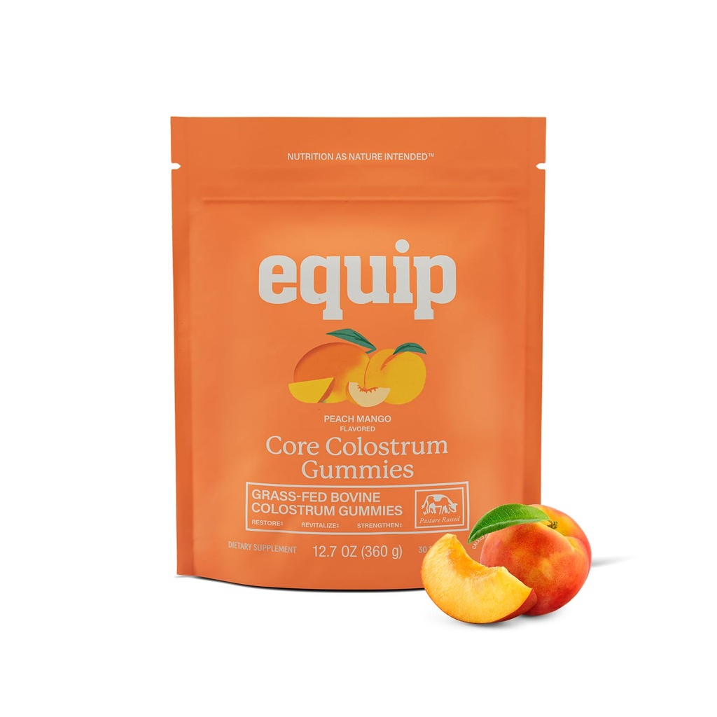 Equip Foods Core Bovine Colostrum Gummies, Delicious 1g Per Seving Grass Fed Colostrum Supplement - Gut Health, Immunity, Herstel, Hair & Skin - 60 Bovine Colostrum Gummies, 30 Servings, Peach Mango