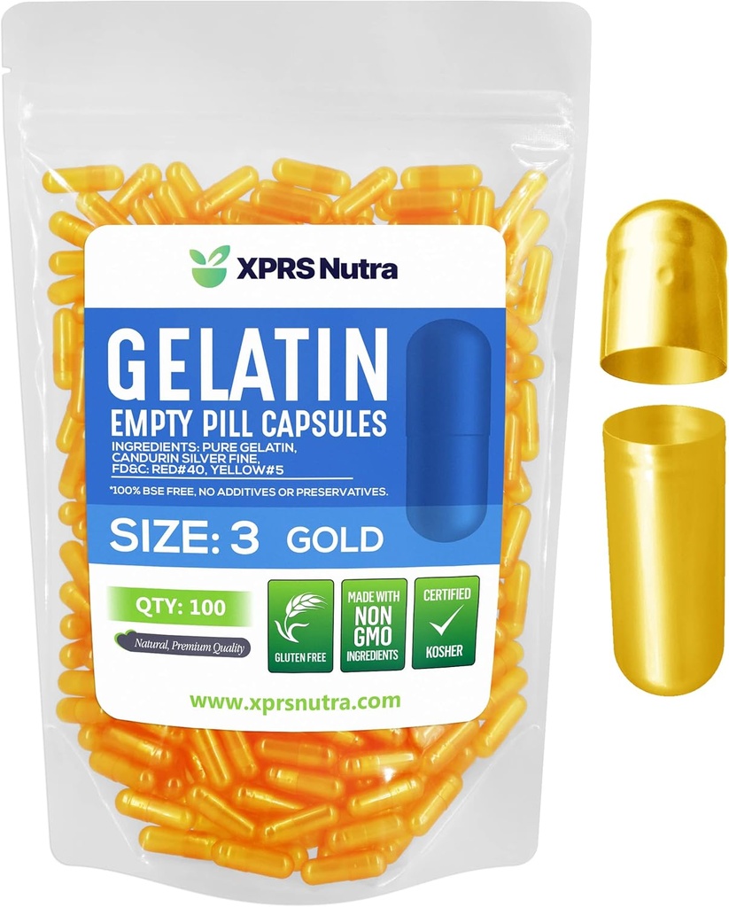 XPRS Nutra Maat 3 Lege Capsules - 100 Telle Lege Gelatine Capsules - Pillen DIY Capsule vullen - Pure Bovine Pill Gel Caps Vulbaar voor Do-It-Yourself Vitaminen en Supplementen (Goud)