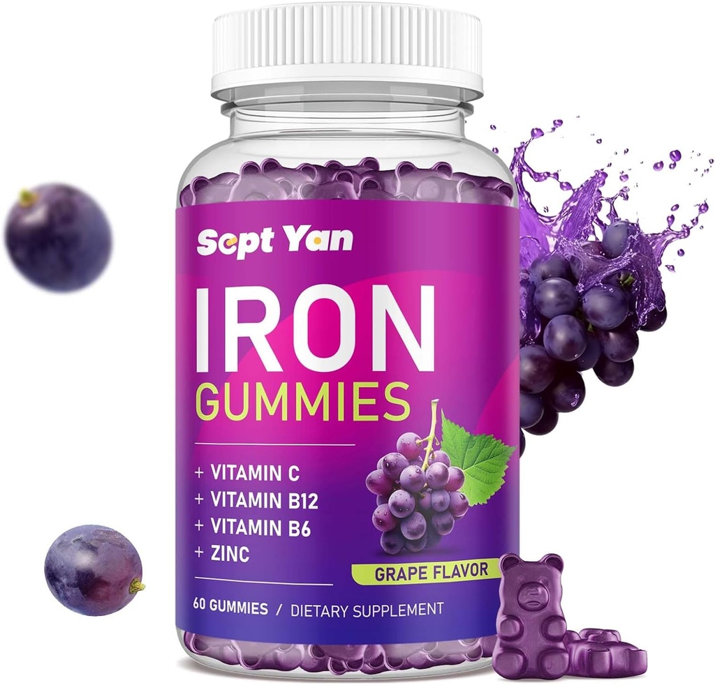 Iron Gummies voor vrouwen en kinderen - met vitamine C, B12, B6, zink - Blood Builder & Energy - Iron Supplement Gummies Ondersteuning voor Blood Builder, Anemie - 60 Vegan Grape Flavor