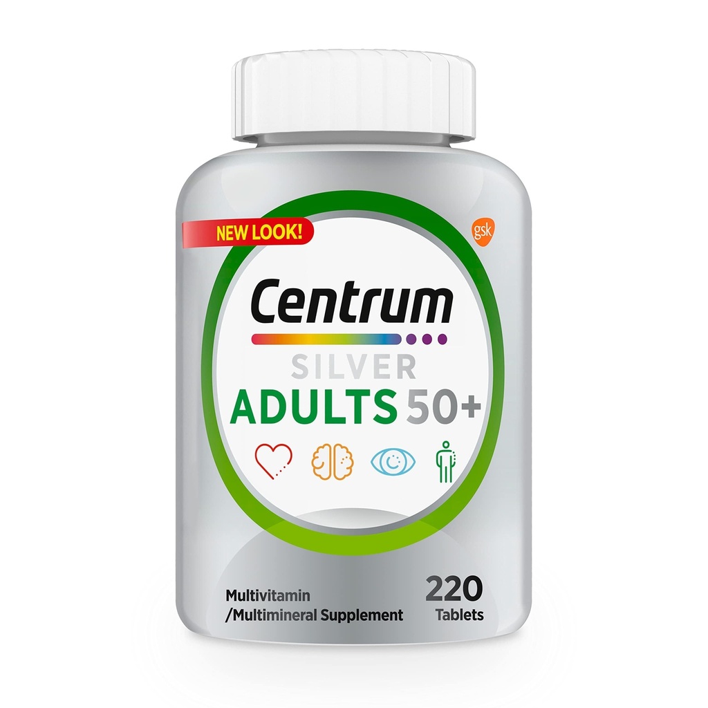 Centrum Silver Multivitamine voor Volwassenen 50 Plus, Multivitamine/Multimineral Supplement, Vitamine D3, B Vitaminen, Glutenvrij, Non-GMO Ingrediënten, Ondersteunt Geheugen en cognitie bij Oudere Volwassenen - 220 Ct