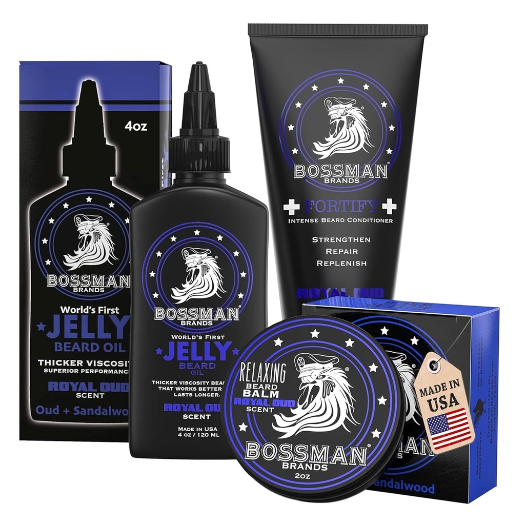 Bossman Essentials Baard Kit voor mannen, Set van 3 - Baardolie Jelly, Fortifying Conditioner Cream, Baardbalsem - Grooming Growth Care Accessoires - Cadeauset voor mannen (Royal Oud)