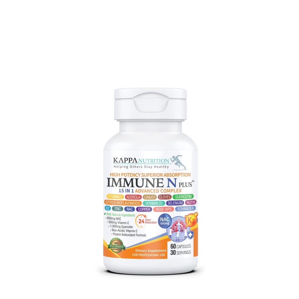 (60 capsules), NAC 600mg, quercetine 1000mg, vitamine C 500mg, zink 50mg, vitamine D3 5000iu, selenium, koper, acerola, gember, rutine, Citrus Bioflavonoïden, rozenhips, echinacea, Immune N Plus 15 in 1