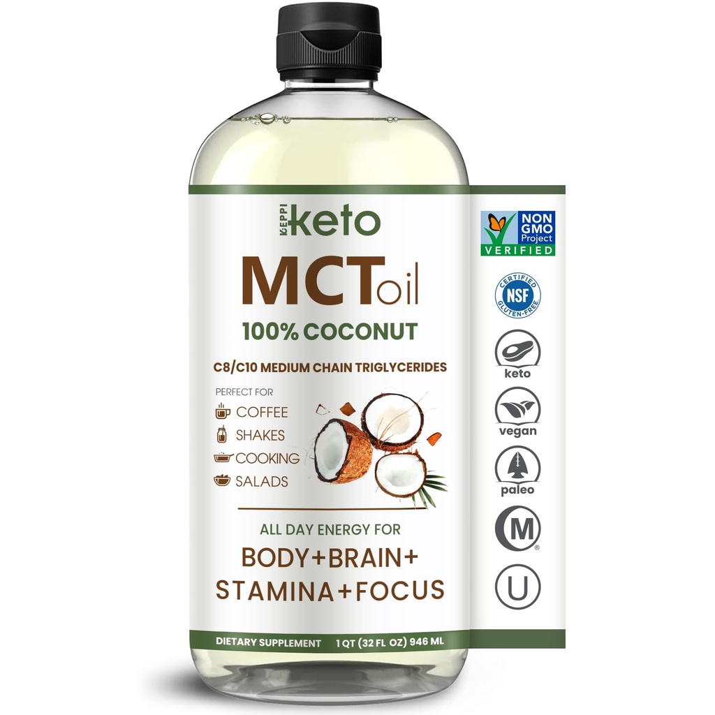 Keppi MCT Olie - Van 100% Kokosnoten - Smaakloze C8 en C10, Niet-GMO, Gecertificeerde Glutenvrije, Palmolie Vrij, Veganistisch, Kosjer, Halal, 32 oz Kokosolie